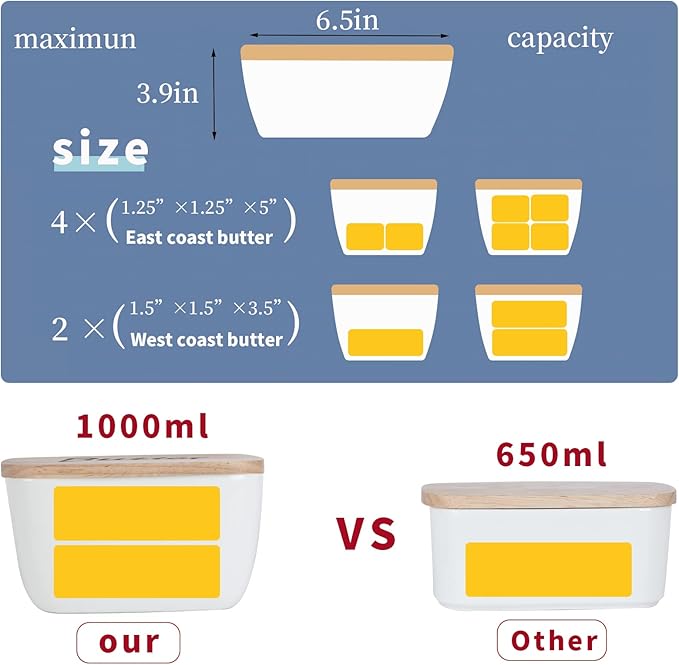 GDCZ Ceramics Butter Dish with Wooden Lid- Large Covered Butter Holder for Countertop, Butter Keeper Container Perfect for Holds 4X 4oz West/East Coast Butter, White