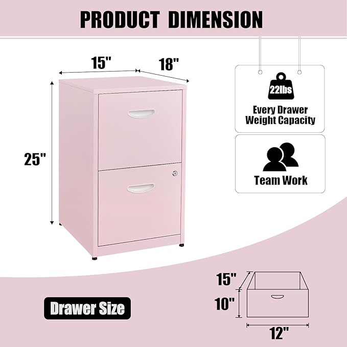 2 Drawer File Cabinet with Lock, Metal Vertical File Cabinets, 18"D Pink Storage Filing Cabinet for Home Office, Steel Light Duty Locked 2 drawer File Cabinets for Letter Size Files,Assembly Required