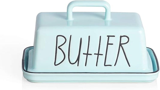 Sweejar Ceramic Butter Dish with Handle Lid, 7.3 Inch Porcelain Large Butter Keeper with Cover, Perfect for East/West Butter (Turquoise)