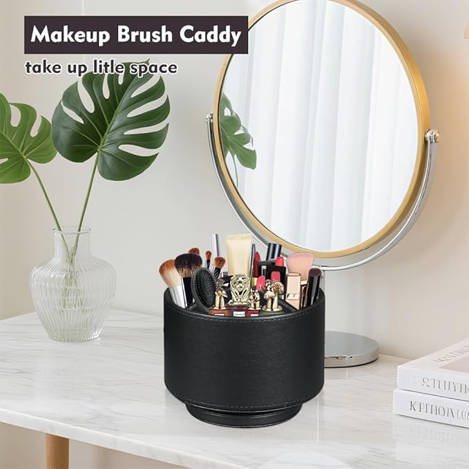 Fanousy 360° Rotating Pen Holder for Desk, Leather Pencil Pen Organizer Remote Control Holder Table Desktop Nightstand Organizer Caddy Storage, Office Desk Organizers And Accessories 5.5x5.5x4.0 Inch