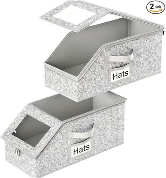 Space-Saving Hat Box with Clear Window Zipper Lid 2-Pack Stackable Closet Hat Organizer for Baseball Caps 16.5*9*7 Inches Grey