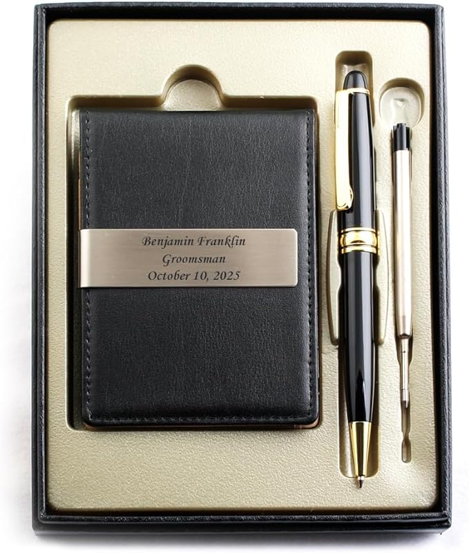 Free Engraving - Personalized Groomsmen Gift, Roller Ballpen, Ballpoint pen, Ball pen, Refillable Pen, Refill pen, Leather Money Clips, Card Holder, Three Lines Each 30 Characters