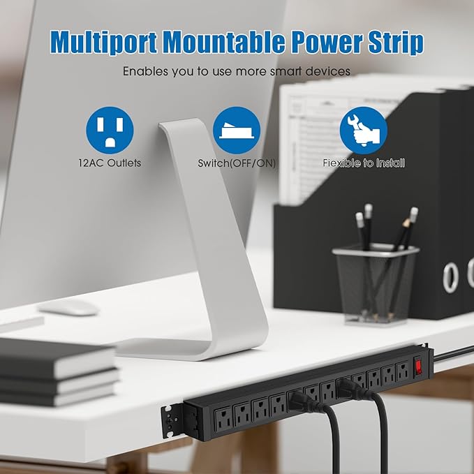 2Pack Rotating Mountable Power Strip, 12 Outlet Wall Mount Surge Protector, Metal Heavy Duty and Versatile Outlet Strip, Stylish Appearance, Sturdy and Durable, 3ft Power Cord.(Black)