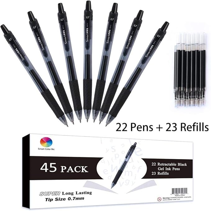 Smart Color Art 45 Pack Black Gel Pens, Retractable Medium Point Gel Ink Pens, Smooth Writing, Comfort Grip, Unisex