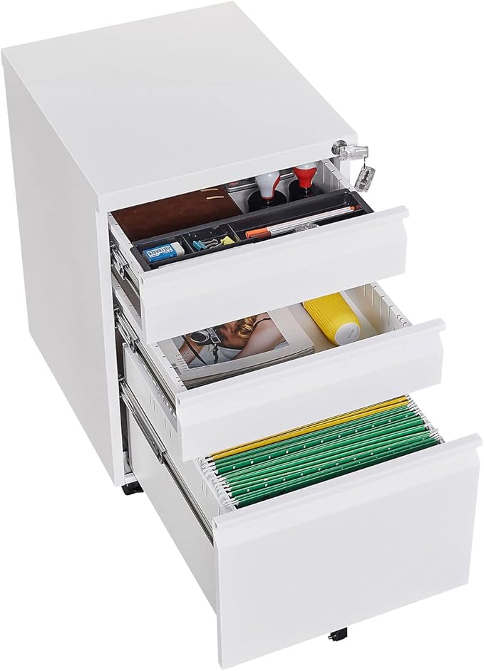 3-Drawer Lockable Mobile File Cabinet – Metal A4/Letter/Legal Size Storage for Home/Office, Space-Saving Under-Desk Cabinet with Wheels[Installation Required] (White-B)