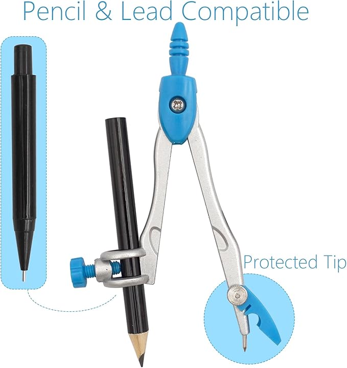Drafting Compass Kit School Supply Set Featuring Geometry Compass, Protractor, Set Squares, and Ruler – for School Grade Boy snd Girl with Every Piece Compact in Carrying Case, Classic Blue