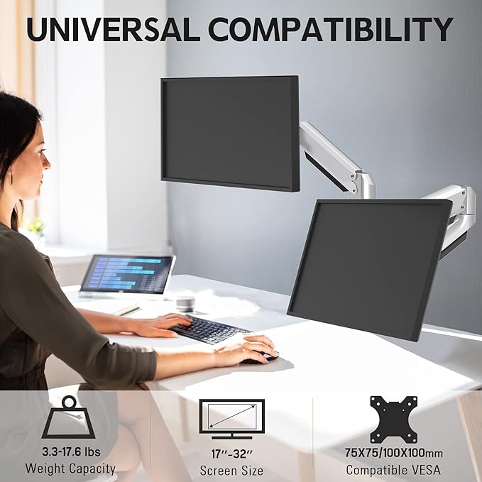 MOUNTUP Dual Monitor Desk Mount, Die-Cast Aluminum Fully Adjustable Double Monitor Arm with Gas Spring, Computer Monitor Stand Fits 2 Screen 17 to 32 inch - Each Arm Holds 3.3-17.6LBS, MU0024