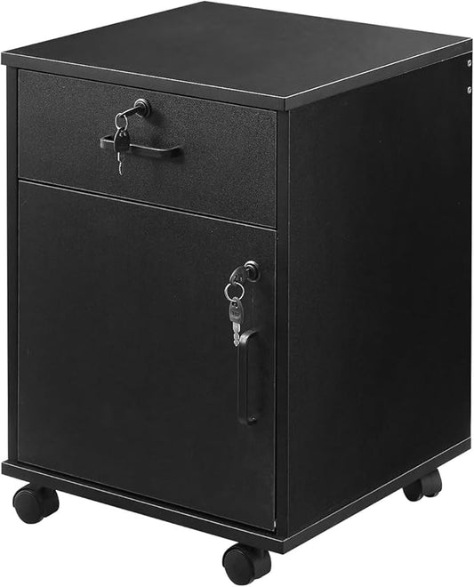 File Cabinet with Lock and Drawer, Mobile Under Desk Storage Cabinet with 360° Swivel Wheels, Wooden Filing Cabinet File Organizer for Legal/Letter/A4 Documents, Home Office Filing Cart (Black)