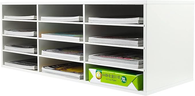 PAG Mail Sorter, Wood Countertop Literature Organizer, Student Mailbox for Classroom, Desktop Bill Paper Organizer for Office Home School, 12 Compartments, White