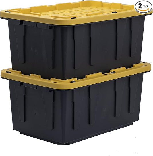 BLACK & YELLOW, 17-Gallon Heavy Duty Tough Storage Container & Snap-Tight Lid, (12.5H x 18W x 26.9D), Weather-Resistant Design and Stackable Organization Tote [2 Pack]