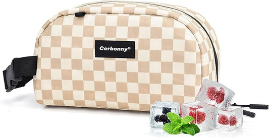 Cerbonny Reusable Lunch Bag, Khaki Checkerboard, 2.5L, Insulated, Leak Proof, Zipper Closure, 2 Compartments, Perfect for Picnic, Work, School, Travel