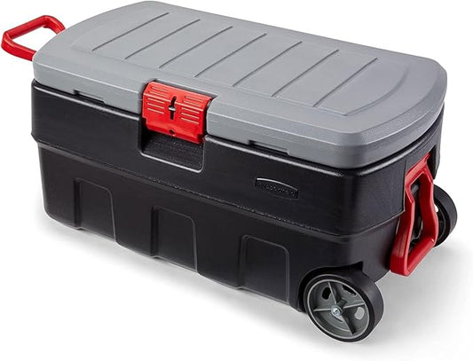 Rubbermaid ActionPacker 35 Gallon, Made in USA, Lockable Plastic Storage Bin with Lid and Wheels- Outdoor, Industrial, Rugged, Camping Gear and Truck Bed Storage - Gray and Black
