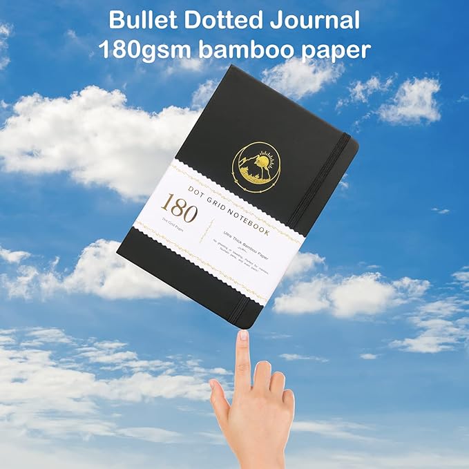 Dotted Notebook Journal 180GSM Bamboo Thick White Paper 160 Pages 5 * 5MM Dot Grid, Lay Flat Binding,Colored Silver Edges, Bookmarks and Expandable Back Pocket (BKP-2)