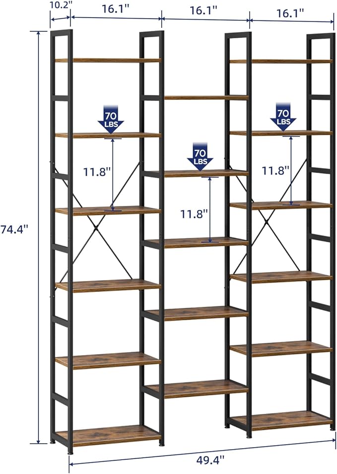 NUMENN Triple Column 6 Tier Bookshelf, Bookcase with 17 Open Display Shelves, Adjustable Rustic Industrial Style Book Shelves, Modern Bookshelves for Bedroom, Living Room and Home Office, Vintage