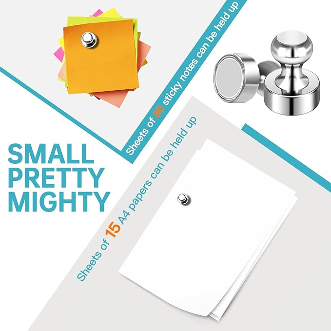 Pack of 24 Silver Magnetic Push Pins for Fridge, Whiteboard, Map, Office, DIY - Refrigerator Magnets for Locker