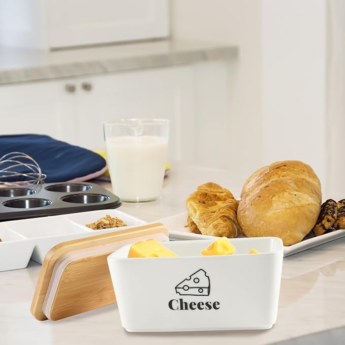Cheese Container for Refrigerator,Shredded Cheese Container with Bamboo Lid,Ceramic Cream Block Sliced Cheeses Storage Box,Grated,Cheddar Cheeses Saver for Fridge,Kitchen Organizer