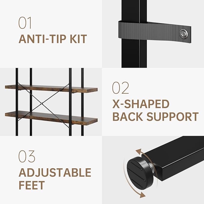 Heavy Duty 6-Tier Industrial Bookcase, 47" Wide Wood Bookshelf for Home Office, 120lbs Shelf Capacity, Rustic Open Shelving Display with Reinforced Horizontal Shelf for Living Room Bedroom