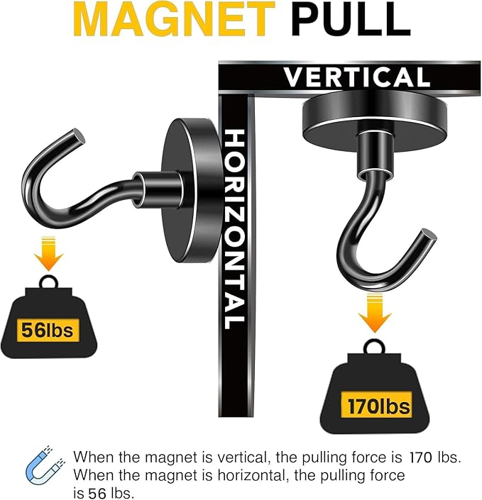 DIYMAG Black Magnetic Hooks, 170 LB Heavy Duty Strong Magnets with Hooks Rare Earth Neodymium Fridge Magnet for Grill Hanging Cruise Cabins Ship Essentials 12 Packs