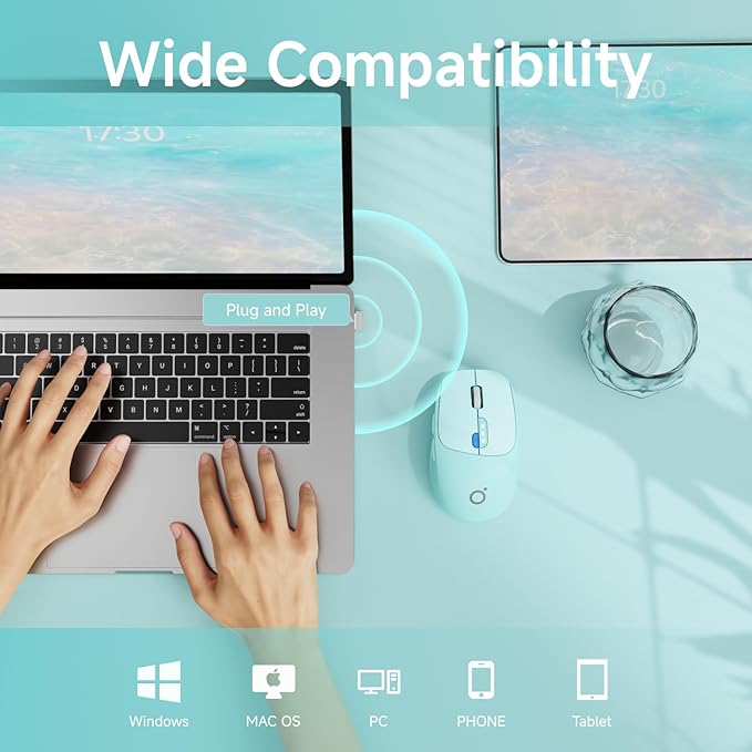 EWEADN Q5 Wireless Mouse, Bluetooth & 2.4G Quiet Computer Mouses with 1600 DPI, Battery Level Display, Ergonomic Office Mouse,6 Button Portable Cute Cordless Mice for Laptop/PC/Mac- Blue