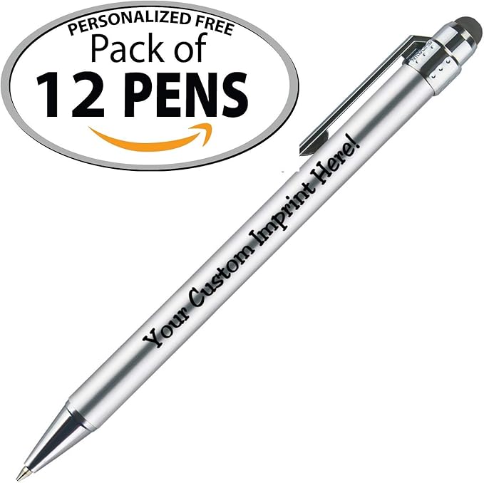 Personalized Pens with Stylus Tip -Bright Vibes- Click action - Custom - Black writing - Printed Name pens - Imprinted with Your Logo or Message - FREE PERSONALIZATION - 12 Pens/Box (Silver)