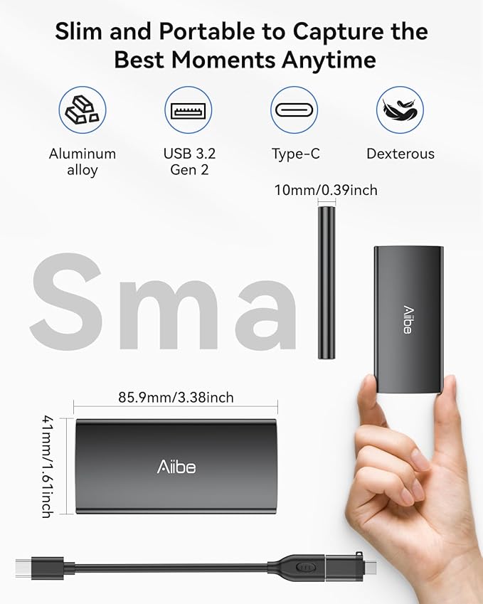 Aiibe 2TB External SSD USB C Portable SSD USB 3.2 Gen 2, Up to 1050MB/s, External Hard Drive 2TB External Solid State Drive for iPhone 16/15, Laptop, Mac and PS5 (Black)