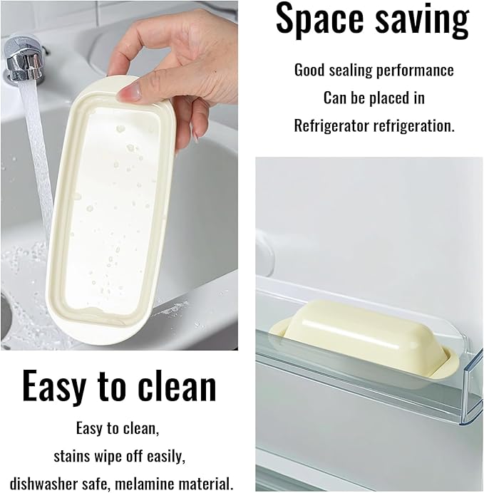 Butter Dish with Lid and Knife, Durable Countertop & Fridge Butter Keeper, BPA-Free Melamine Butter Container, Dishwasher Safe, Fits East/West Coast Butter Sticks (Cream)