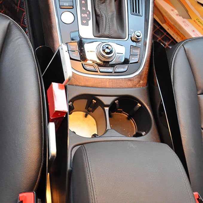 Riloer 2 Pcs Car Seat Pockets Plastic Car Console Side Organizer, Sturdy Leather Car Gap Filler, Pocket Black Drop Catcher Pocket Between Seat Console