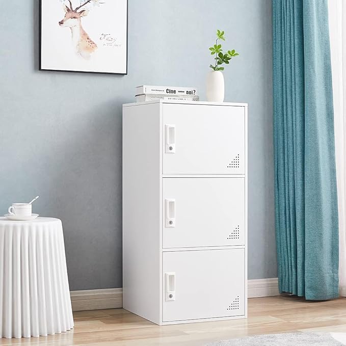3 Door Metal Locker Steel Storage Cabinet, Office Storage Lockers for Employees, Vertical Metal Cabinets for Home,Office,School,Room Storage Organizer (White)