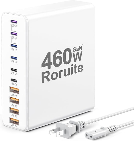460W USB C Charger Block, 10-Port USB Charging Station GaN III PD Charger Type C & USB A, Dual 65W PC Laptop Fast Adapter for MacBook Pro/Air, iPhone 17, iPad, DELL, Samsung Galaxy, Android - White