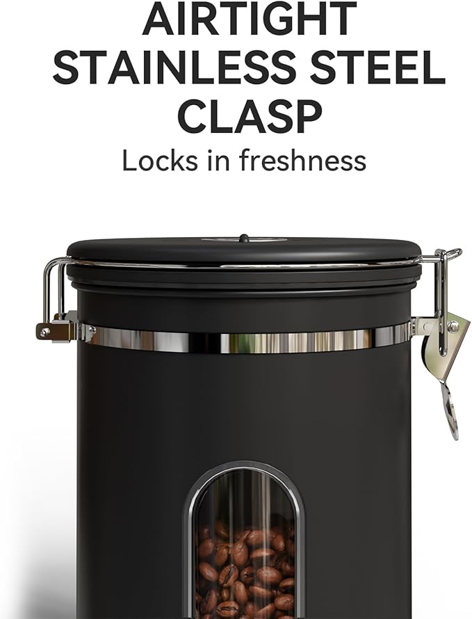 Veken Coffee Canister with Window,Airtight Stainless Steel Pantry Container,Home Kitchen Food Storage Organizers for Ground,Beans,Espresso,Rice,Tea,Sugar,Cereal, Flour,Bar Accessories,Gifts,22OZ,Black