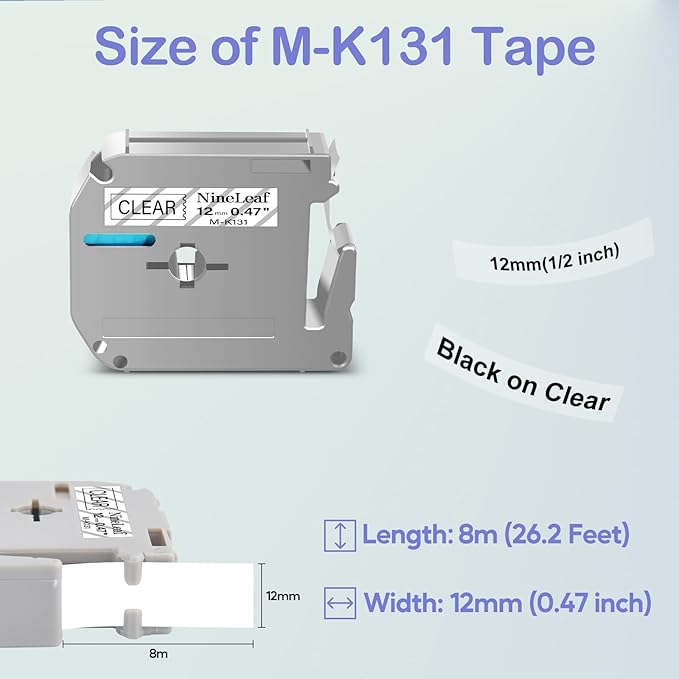 NineLeaf 4 Pack Compatible for Brother P-Touch M Tape M-K131 M-K131S MK131 M131 12mm 0.47'' Black on Clear Label Tape for PT-70BBVP PT-70BMH PT-70HK PT-70HOL PT-70HOT Label Maker