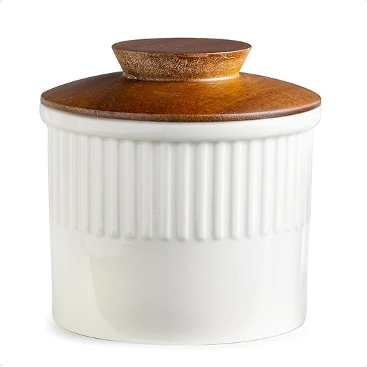 Ceramic Butter Crock, Butter Dish with Lid for Countertop, French Butter Keeper, Classic Stripe Pattern, White
