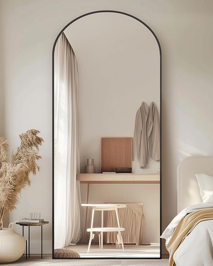 Full-Length Floor Mirror with Stand, 58"x18" Arched Style Full Body Standing Mirror for Bedroom, Living Room, Gym, Dorm - Shatter-Resistant & Easy Assembly, Black