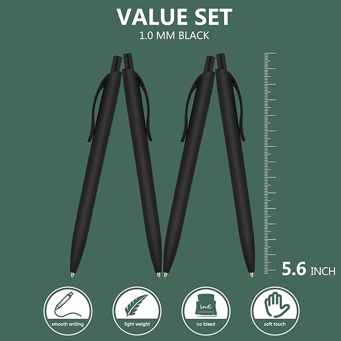 Deegtran 200 Pack Retractable Black Barrel Click Pens, Medium Point, Smooth Ink, 1.0MM