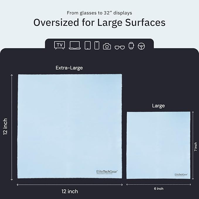 Elite Tech Gear Microfiber Cleaning Cloth 12-Pack - 12"x12" Oversized, Washable & Durable for Glasses, Lenses, Electronics & Screens - High Tech Quality Material