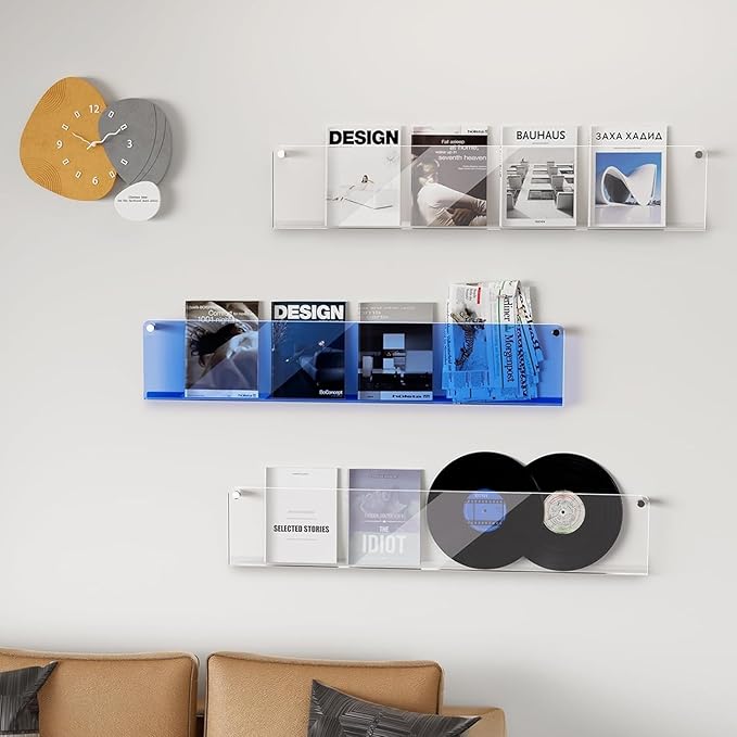 ROYALITA 2-Pack Acrylic Magazine Holder Brochure Holder, 24" Record Holder Magazine Rack, Fashion Hanging Bookshelf Literature Storage Rack for Waiting Room, Living Room, Office, Blue, 24 Inch