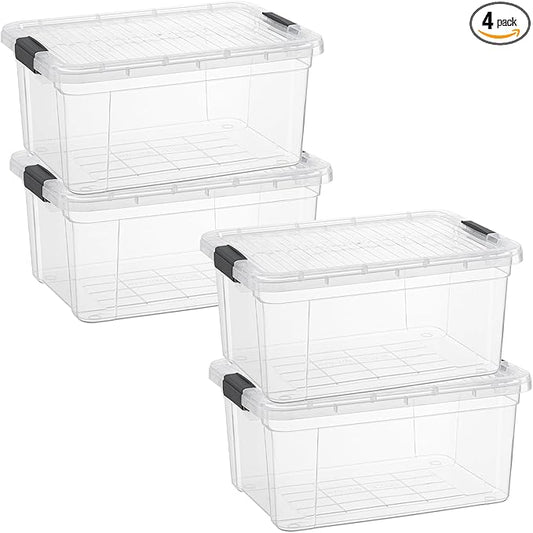 Superio Clear Storage Boxes with Lids, 21 Quart Plastic Container Bins for Organizing, Stackable Crates, BPA Free, Non Toxic, Odor Free, Organizers for Home, Office and Dorm, 4 Pack