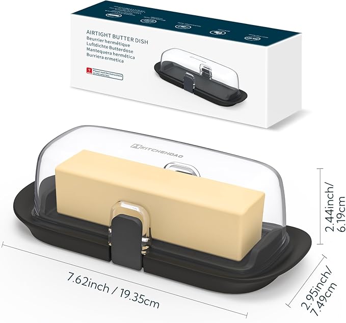 KITCHENDAO Airtight Butter Dish with Lid for Countertop and Refrigerator Door Shelf, Butter Holder with One Press to Open/Close Secure Latching Buckle, Butter Keeper for West/East Coast Butter (Black)