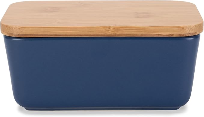 Nat & Jules Ceramic Stoneware 1/2 Pound, 2 Sticks Butter Dish with Airtight Bamboo Lid, Kitchen Accessory, Container Holder, Refrigerator Storage and Countertop Organization, Matte Navy Blue