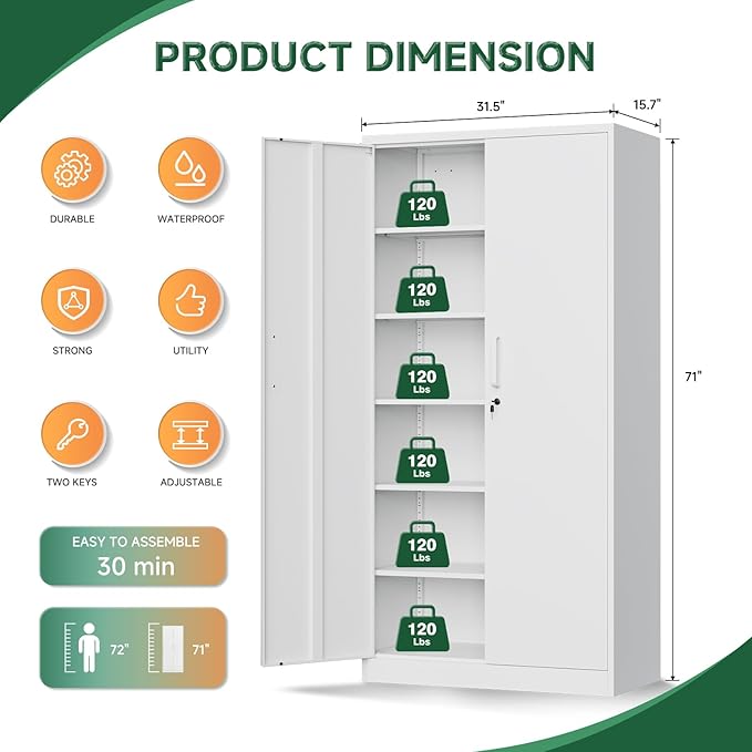 Letaya Metal Storage Cabinets with Lock Door,Steel Locker Garage Cabinets 5 Adjustable Shelves for Home,Office, Warehouse(White)