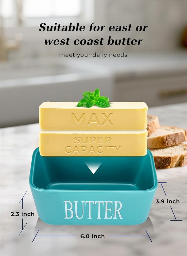 Butter Dish with Lid: Large Butter Container for Countertop - Ceramic Butter Holder for Counter - Butter Tray Butter Keeper with Knife and Sponge Scrubber - Perfect for 2 Sticks of Butter Green
