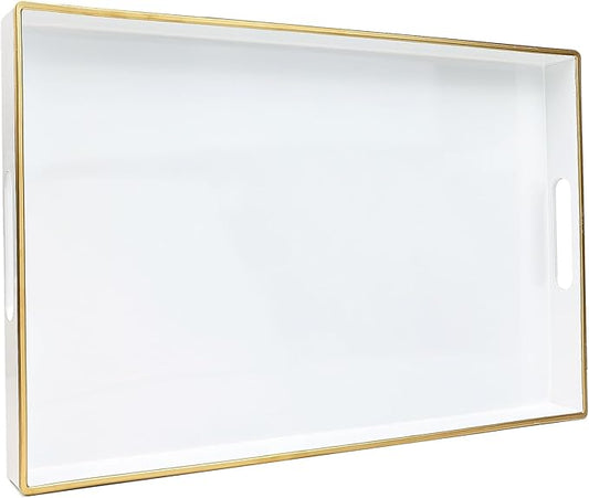 Spsyrine White Decorative Serving Tray with Handles, Elegant Plastic Coffee Table Tray for Ottoman, Living Room, Home Decor 15.6" X 10.2"