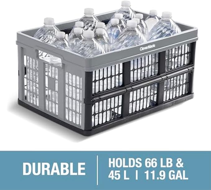 CleverMade Collapsible Utility Crates - Ocean 3 Pack 45L / 11 Gal holds 66 lbs - Stackable Containers Heavy Duty Capacity Crates Space-Saving Baskets