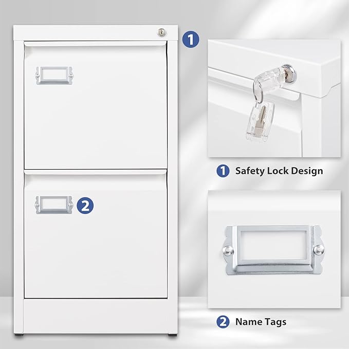 2 Drawer File Cabinet, Filing Cabinets for Home Office, Metal Vertical File Storage Cabinet with Lock, Locking File Cabinet for A4 Legal/Letter, 15" W x 17.7" D x 27.1" H, Assembly Required