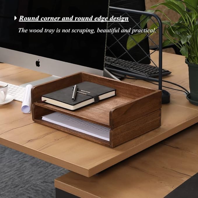 Desktop File Trays Stackable Paper Tray for Letter/A4 Size Magazine - Wood Office Document Organizer Shelf - Wooden Folder Organization Rack Desk Tray Pack of 2 Dark(2CTP-DK)