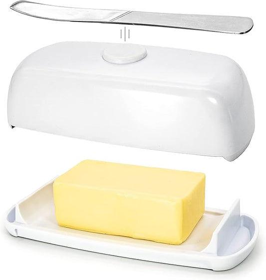 Butter Hub Extra Large Butter Dish with Lid and Knife, European Size Magnetic Butter Keeper, Easy Scoop, No Mess Lid, Plastic, Dishwasher Safe (White, European / 2 Sticks)