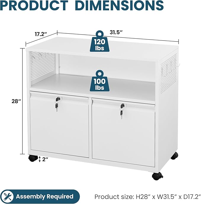 MIIIKO File Cabinet with Storage 2 Drawers, Rolling File Cabinet for Home Office, Metal White 2 Drawers Storage with Shelf, for Printer, Letter A4 File Organizer