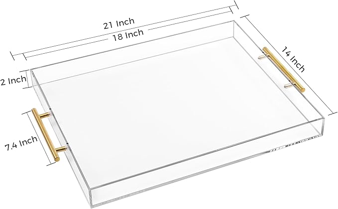 Large Clear Acrylic Serving Tray (14×18 Inches) with Gold Handles Spill Proof Acrylic Decorative Tray Organiser for Ottoman Coffee Table Countertop