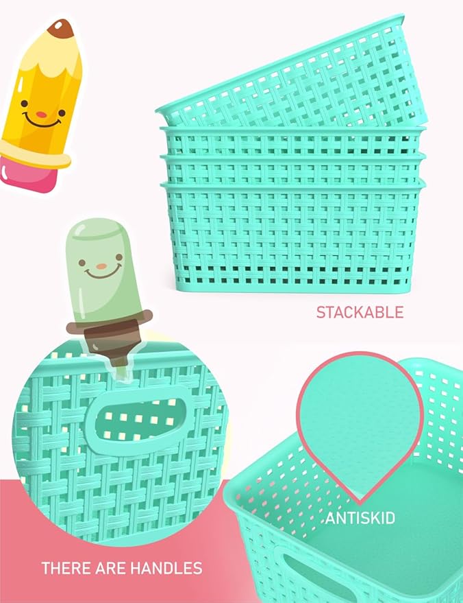 WYT 6-Pack Plastic Small Shelf Storage Weave Baskets Organizing for Cabinets and Pantries, Sky Blue