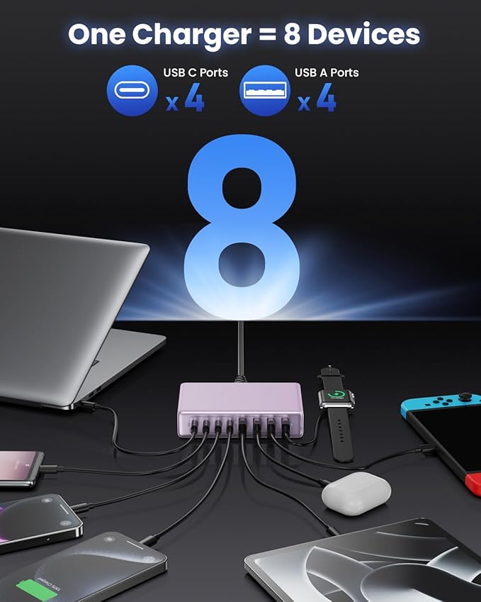 200W USB C Charger Block,GaN IV Charging Station 8 Ports,QC4.0 Fast Charging Station Hub+PD 65W USB C Laptop Charger Adapter Compatible with MacBook Air/Pro,DELL,iPhone 17/16/15,iPad,Steam Deck-Purple